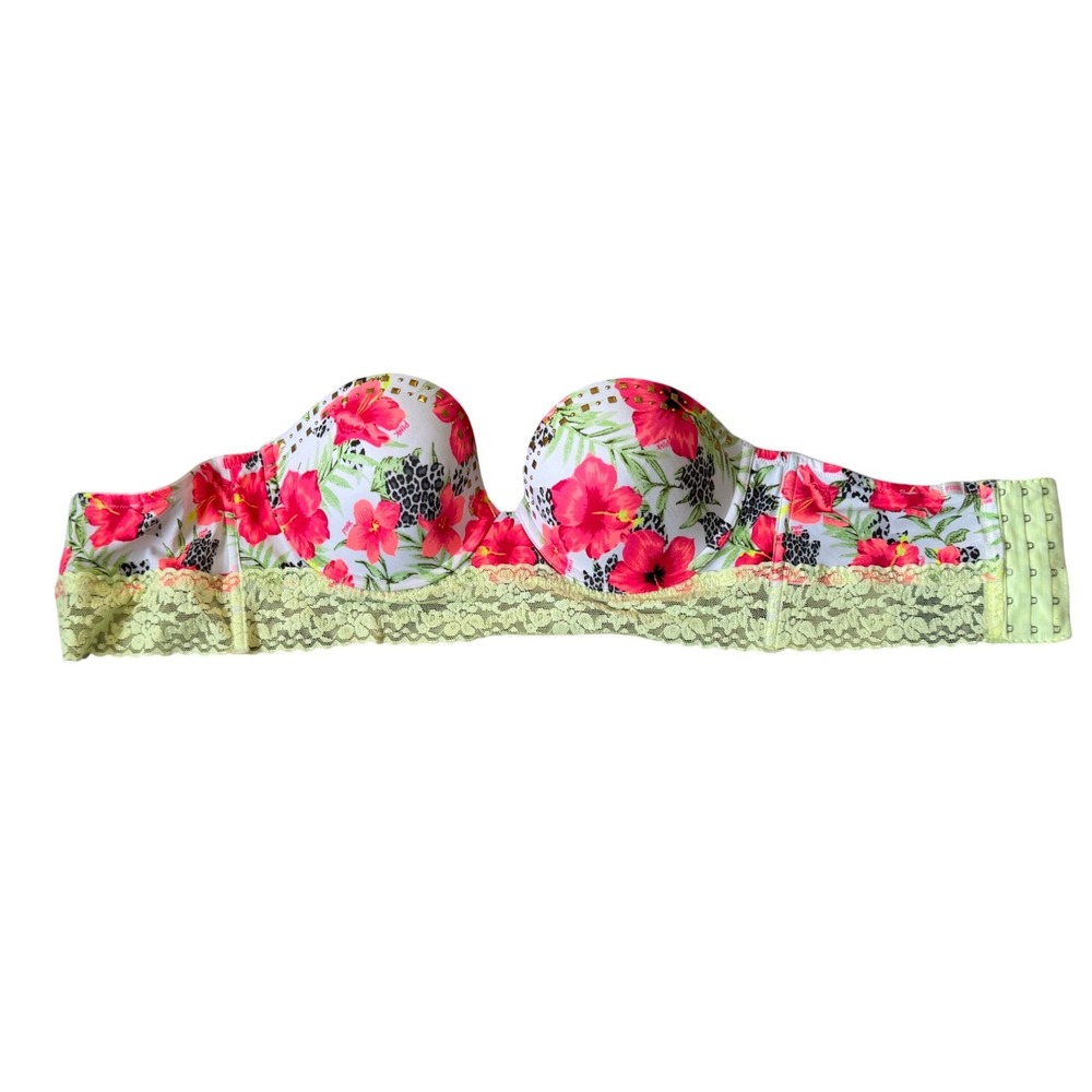 Victorias Secret PINK Strapless Bra 36C Tropical Hibiscus Leopard Lace 36C